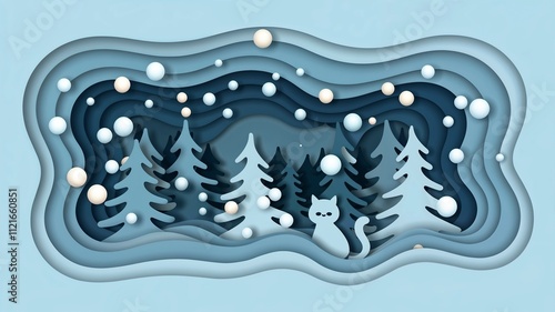 Wallpaper Mural Winter-themed paper cut illustration featuring a cat among snowy trees and snowflakes Torontodigital.ca