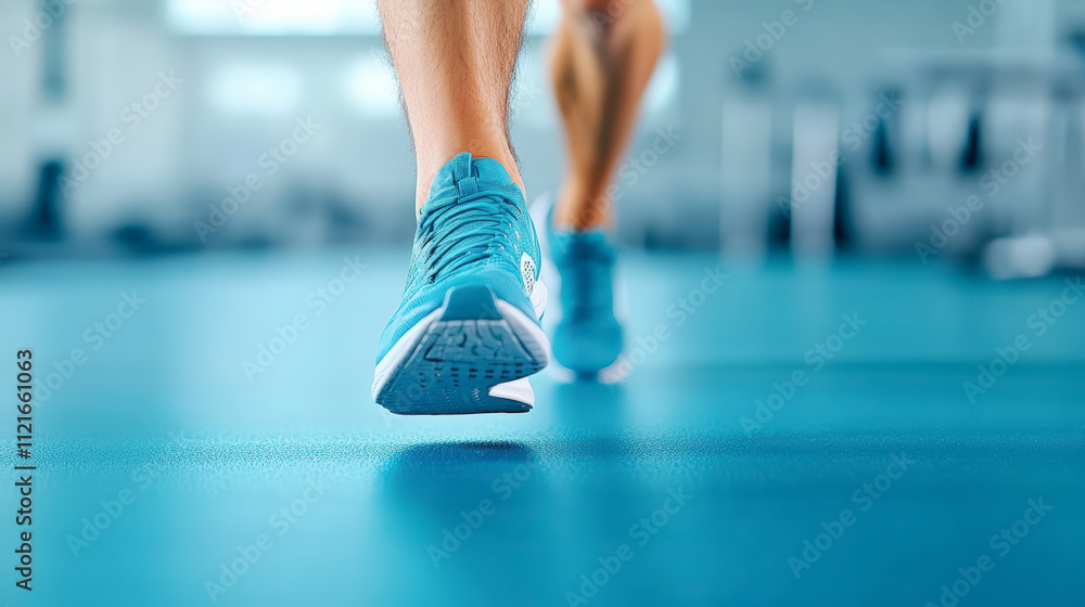 Person walking on a blue-tiled floor wearing blue sneakers, possibly in a gym or fitness setting, with a focus on active lifestyle. Person walking on a blue-tiled floor wearing blue sneakers, possibly in a gym or fitness setting, with a focus on active lifestyle.