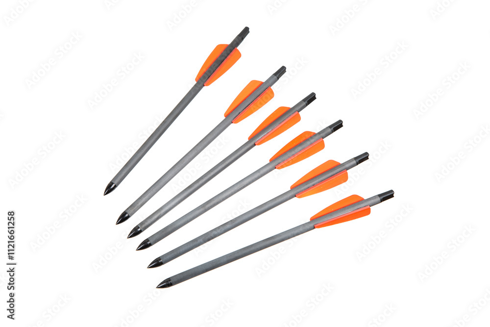 Six crossbow bolts with orange fletching and black tips, arranged in a fan pattern on a white background Six crossbow bolts with orange fletching and black tips, arranged in a fan pattern on a white background