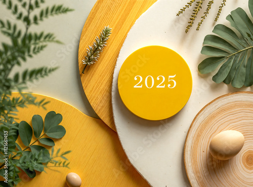 2025: a yellow circle design with green leaves wooden discs