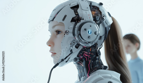 Profile view of an artificial humanoid with a headset, a half-man and digital circuits visible on the side on a white background. Another female figure is visible from behind. 
