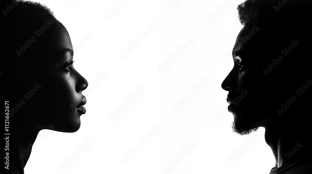 Portrait in profile of a young black woman on the left and a young black man on the right on a white background with free space in the center for text, copy space