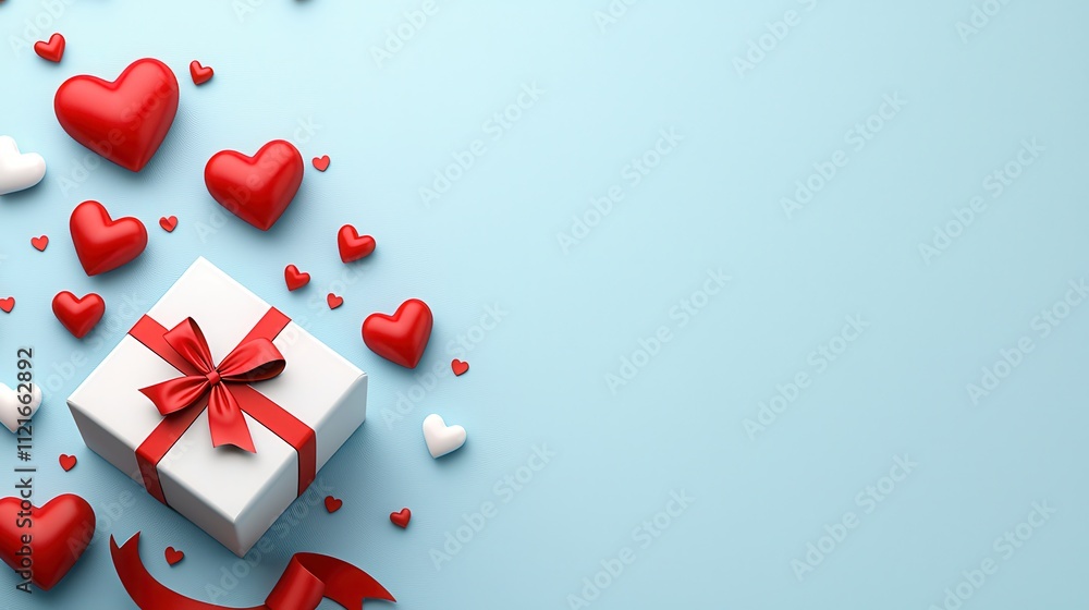 A festive gift box surrounded by red and white hearts on a light blue background, perfect for celebrations and expressions of love. A festive gift box surrounded by red and white hearts on a light blue background, perfect for celebrations and expressions of love.