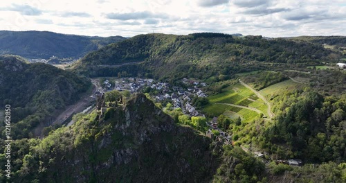 Aerial drone video of ALten ahr, valley, Germany, vine yards and hills land scpae in the German eifel. photo