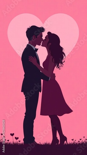 Vertical illustration. Silhouette of a kissing couple on a pink background with the inscription "Happy Valentine's Day" hearts around.