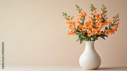 Wallpaper Mural White ceramic vase displays vibrant orange snapdragons with green foliage against a beige backdrop, featuring minimalist composition and studio lighting that creates soft shadows and clean aesthetic. Torontodigital.ca