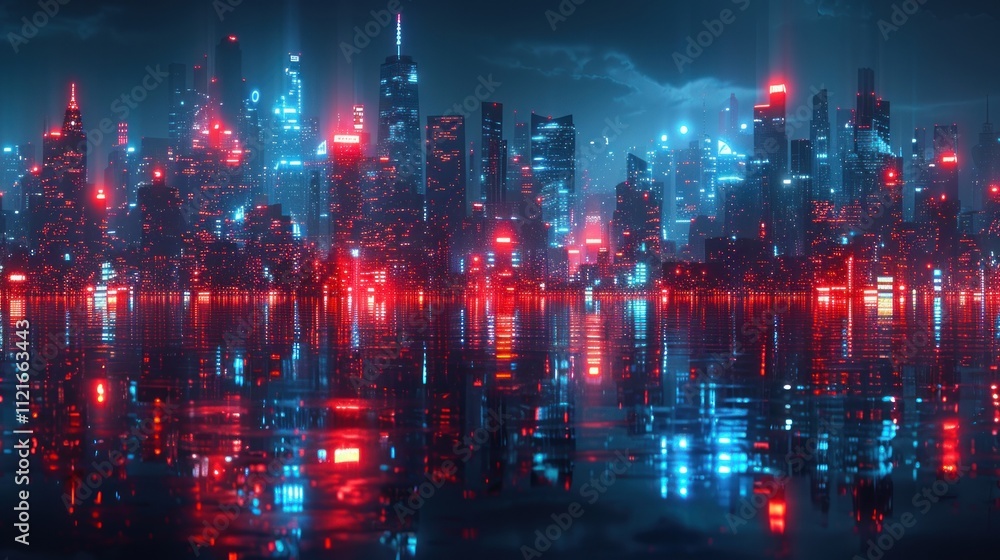 Obraz premium A futuristic cityscape illuminated by vibrant blue and red lights, reflecting on water.