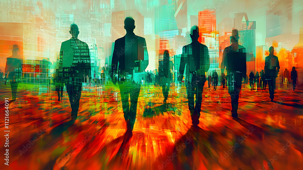 Obraz premium Silhouettes walking through an abstract cityscape