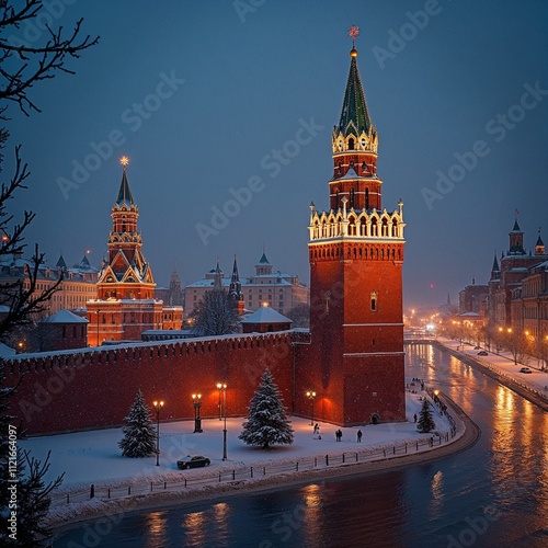 illustration of Moscow's Red Square on a snowy winter evening, the Kremlin's famous Spasskaya Tower is shown illuminated by warm golden lights photo