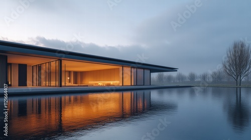 Modern architectural design showcase serene lakefront visual art tranquil environment low angle contemporary aesthetics