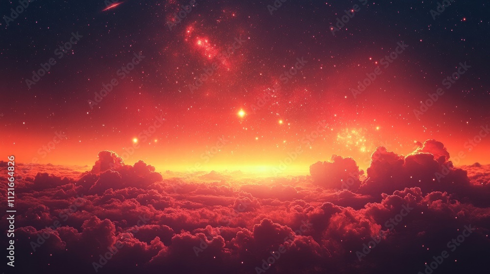 Fototapeta premium Stunning sunset over serene clouds digital art cosmic landscape majestic viewpoint tranquil ambience for dreamy concepts