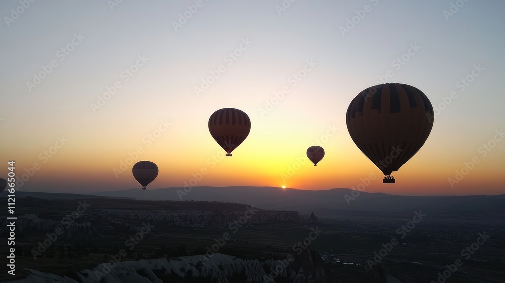 Sunrise hot air balloons over Cappadocia landscape Sunrise hot air balloons over Cappadocia landscape