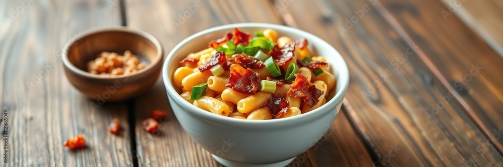 A bowl of spicy BBQ mac and cheese, topped with crispy bacon and scallions, on a rustic wooden table, bbq, bowl, spicy A bowl of spicy BBQ mac and cheese, topped with crispy bacon and scallions, on a rustic wooden table, bbq, bowl, spicy