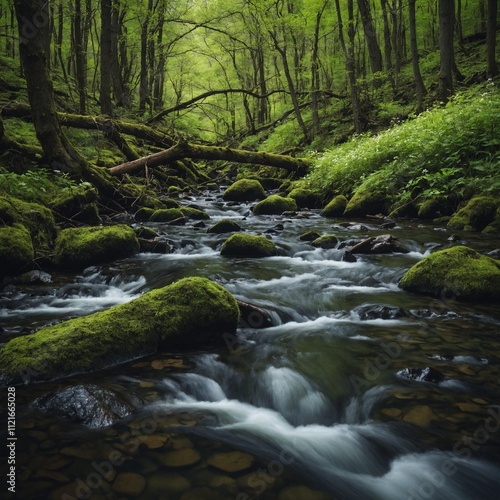 A stream rushing through a forest alive with spring growth.