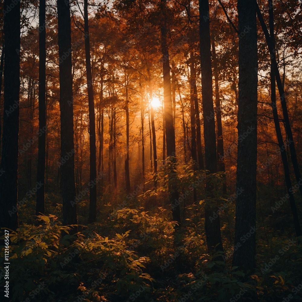 Fototapeta premium A fiery sunset casting deep shadows in a dense forest.