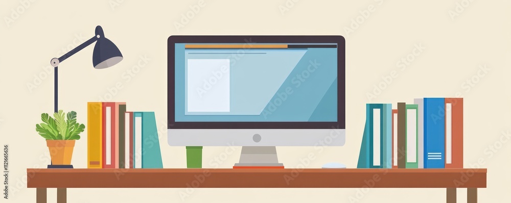 Minimalist workspace with desktop computer, books, and lamp