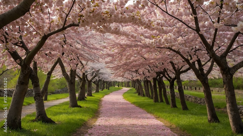 Naklejka premium Serene Pink Blossom Path: A Springtime Stroll