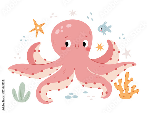 Octopus in a marine environment among fish, algae and corals. Modern minimalistic illustration in the Scandinavian kids style.