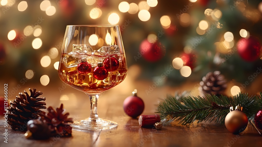 Crystal wine glass filled with golden liquid surrounded by red and gold Christmas baubles, pine cones, and branches on rustic wooden table with warm bokeh. Crystal wine glass filled with golden liquid surrounded by red and gold Christmas baubles, pine cones, and branches on rustic wooden table with warm bokeh.