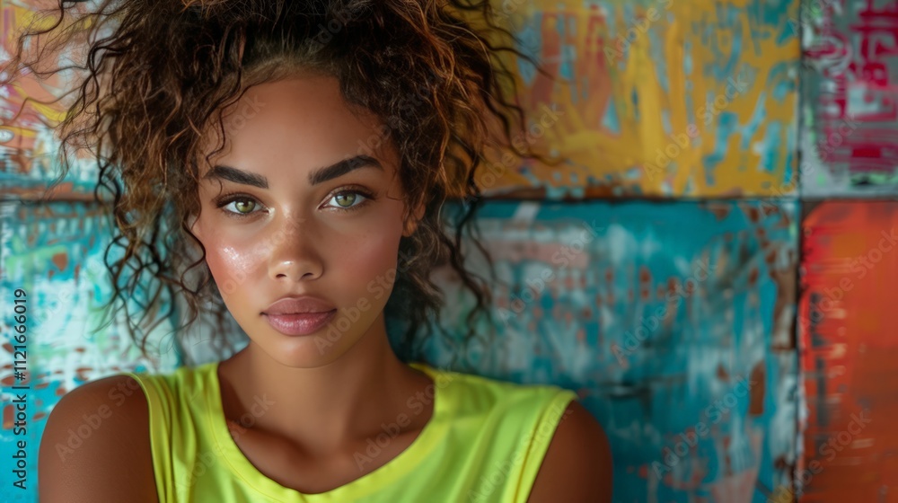 Fototapeta premium Portrait of a young woman urban art background photography colorful environment close-up view authentic expression for social media