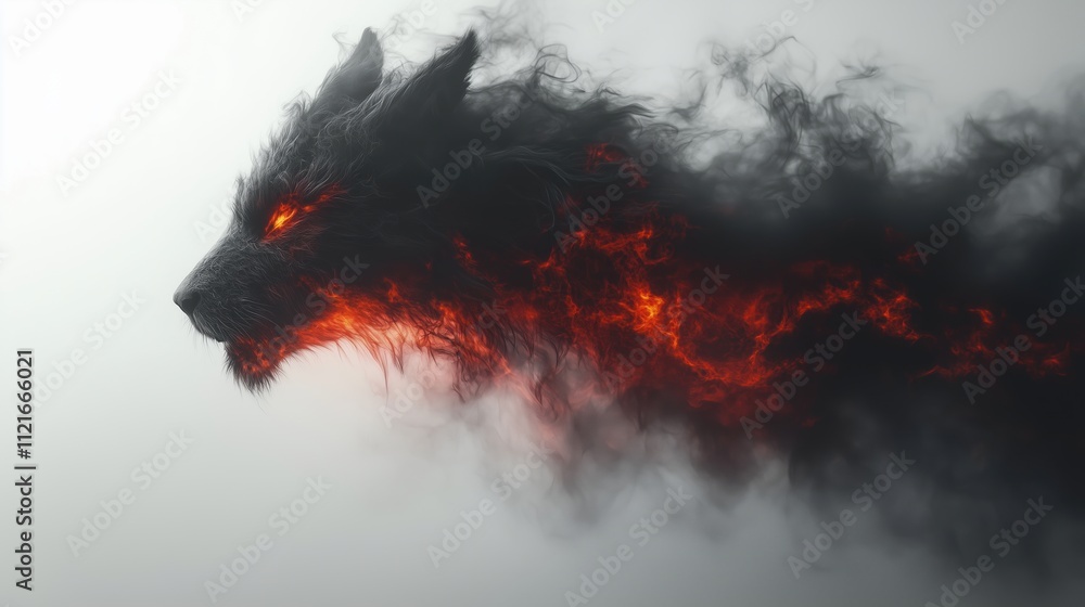 animalistic smoke monster made of black smoke with red burning coals on white background animalistic smoke monster made of black smoke with red burning coals on white background