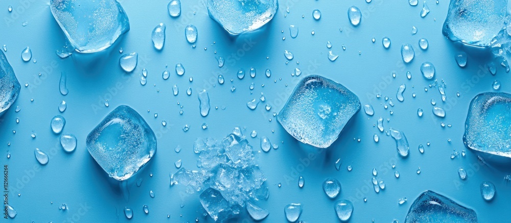 Ice Cubes and Water Drops on Blue Background Ice Cubes and Water Drops on Blue Background