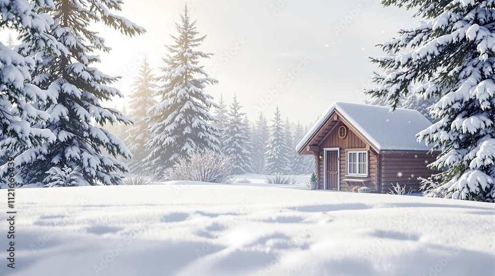 Cozy cabin in winter wonderland with snowy pines and serene atmosphere Cozy cabin in winter wonderland with snowy pines and serene atmosphere