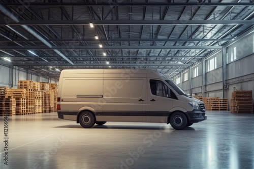 A beige delivery van parked in a large warehouse, surrounded by wooden pallets. photo