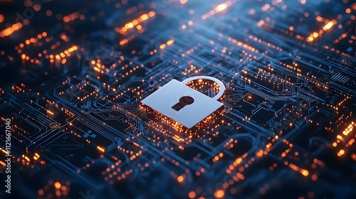 Digital security visualization shows white padlock icon against light blue technology background with circuit board pattern and glowing lines in futuristic style. photo