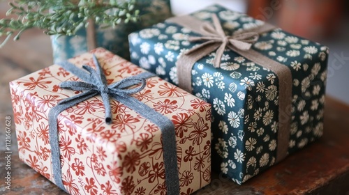 Two beautifully wrapped gift boxes with patterned paper and ribbons, resting on a wooden surface with a touch of greenery. photo