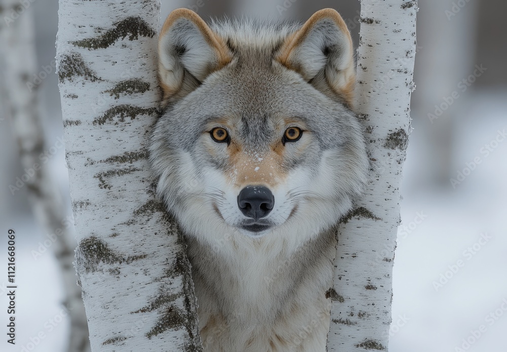Fototapeta premium Wolf Peeking From Behind Birch Trees