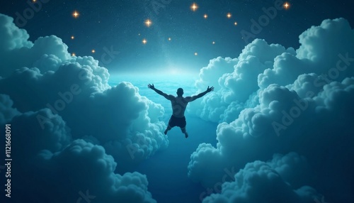 Wallpaper Mural Man Floating in Clouds Under Starry Sky with Serene Atmosphere Torontodigital.ca