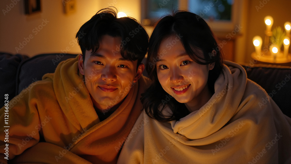 Smiling couple wrapped in warm blankets in cozy evening lighting
Smiling couple wrapped in warm blankets in cozy evening lighting