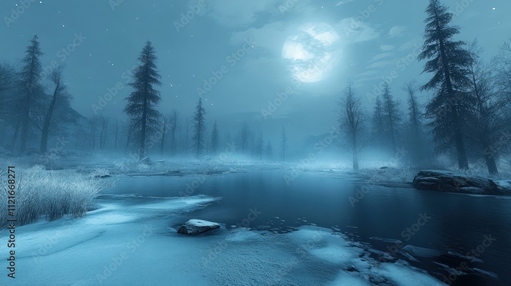 Moonlit winter river, snowy banks, frosted trees. Moonlit winter river, snowy banks, frosted trees.