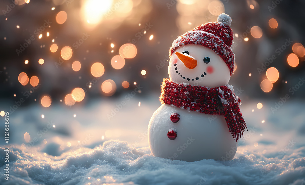 Snowman wearing a red scarf and hat stands in a snowy landscape at sunset. Generative AI. Snowman wearing a red scarf and hat stands in a snowy landscape at sunset. Generative AI.