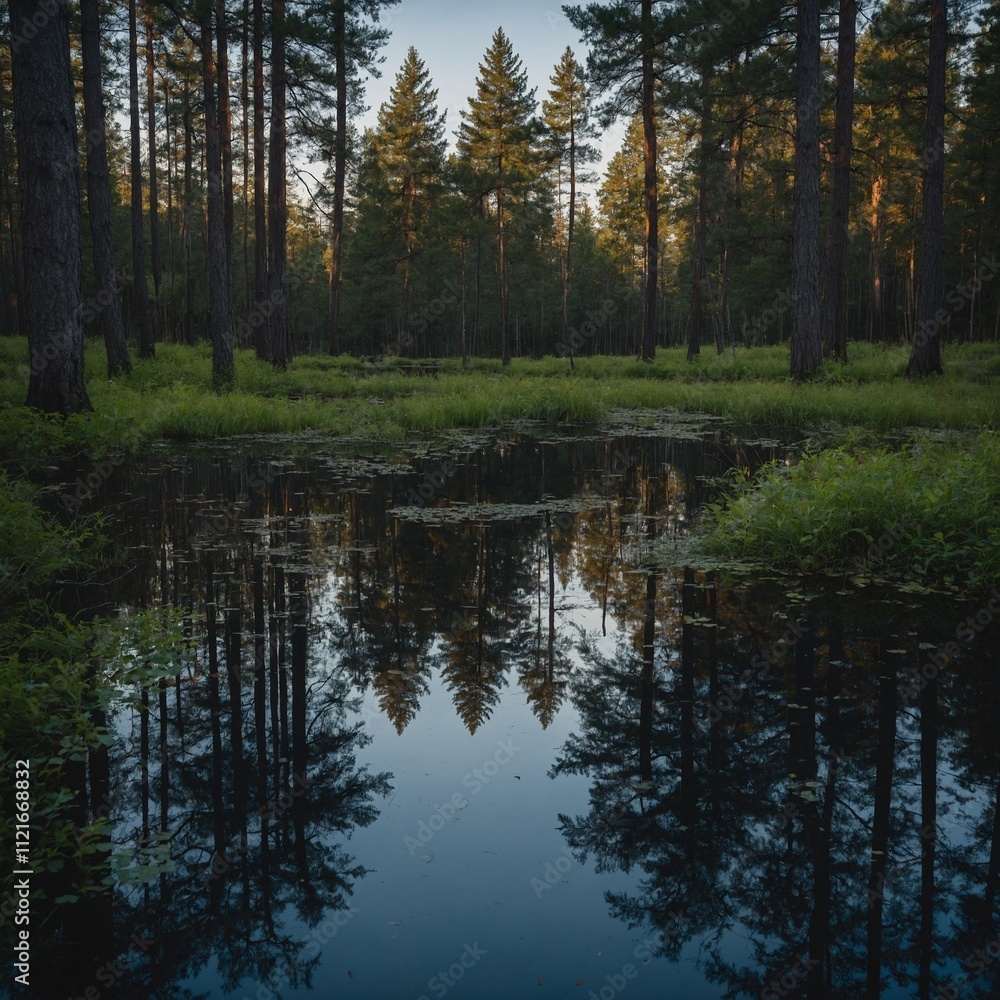A clearing in the woods with a small pond reflecting the sky. A clearing in the woods with a small pond reflecting the sky.