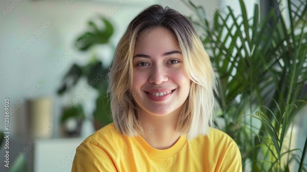 Smiling Woman in a Yellow T-Shirt - A Radiant Portrait in a Homey Setting Smiling Woman in a Yellow T-Shirt - A Radiant Portrait in a Homey Setting