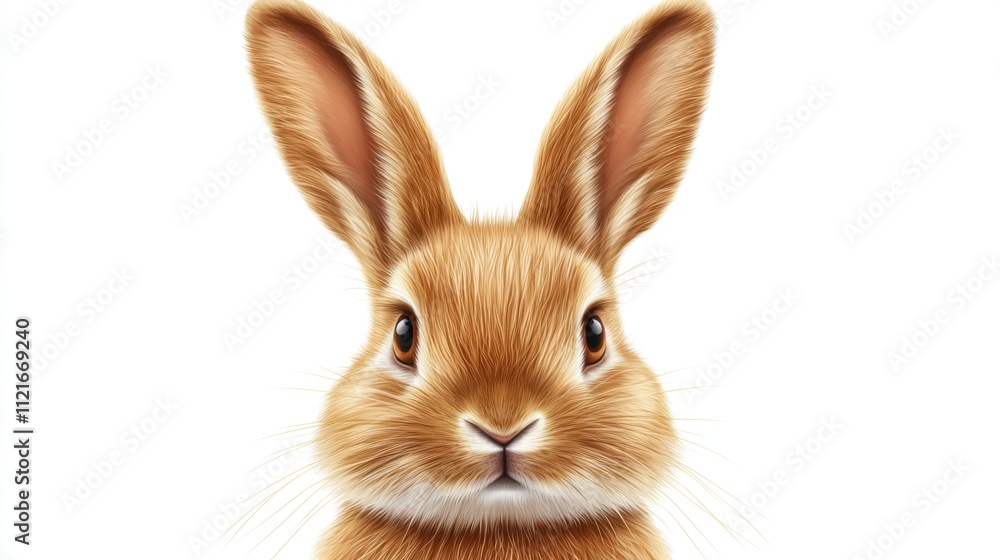 Fototapeta premium A realistic and highly detailed single bunny icon on a pure white background, featuring soft fur texture, floppy ears, and a cute, serene expression