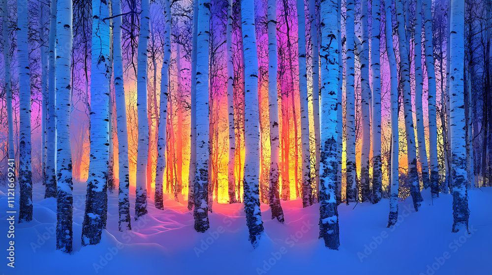 A snow-covered stand of aspen trees is illuminated by a kaleidoscope of colors from the northern lights in alaska's vast wilderness, aurora borealis, boreal forest, nature. Boreal. Illustration A snow-covered stand of aspen trees is illuminated by a kaleidoscope of colors from the northern lights in alaska's vast wilderness, aurora borealis, boreal forest, nature. Boreal. Illustration