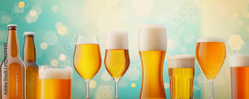 A variety of beer glasses and bottles, filled with different types of beer, set against a bright, blurred background with hexagonal light patterns. photo