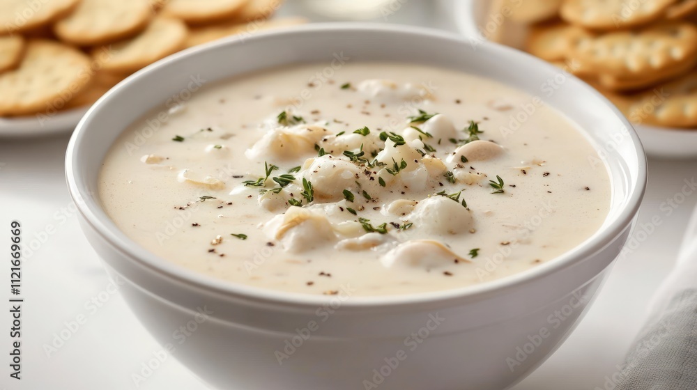 Creamy Clam Chowder in a Bowl with Crackers Creamy Clam Chowder in a Bowl with Crackers