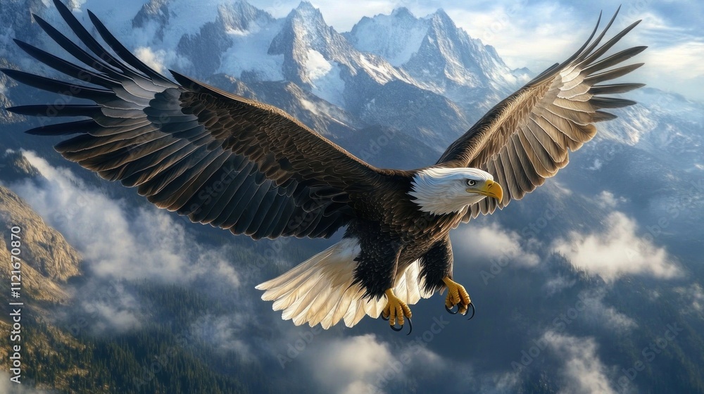 Majestic Bald Eagle Soaring Above Mountains