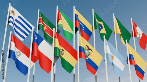 flags of Latin American in the sky 3d illustration image