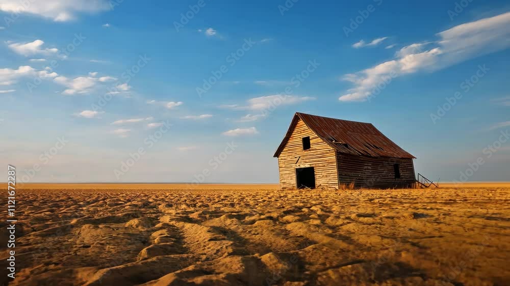 Abandoned House in a Dry Landscape Under a Clear Blue Sky with Beautiful Clouds Abandoned House in a Dry Landscape Under a Clear Blue Sky with Beautiful Clouds
