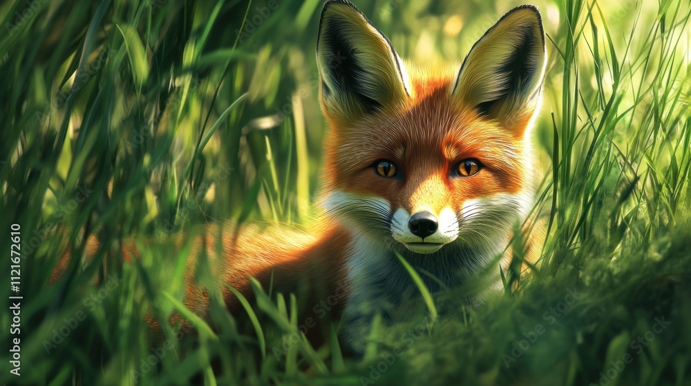 Obraz premium Red Fox Hiding in the Grass