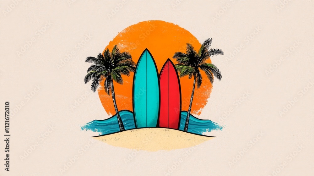 Obraz premium Colorful Surfboards Against Tropical Sunset