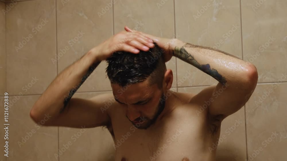 Young bearded man taking a shower at home in the morning. A man washes his body and hair using shampoo and shower gel. Fresh hygiene, skincare wellness and healthy skin concept Young bearded man taking a shower at home in the morning. A man washes his body and hair using shampoo and shower gel. Fresh hygiene, skincare wellness and healthy skin concept