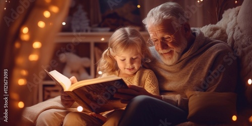 A heartwarming evening scene of a grandfather and granddaughter reading a book together in a cozy home setting, illuminated by soft, warm lighting and gentle highlights