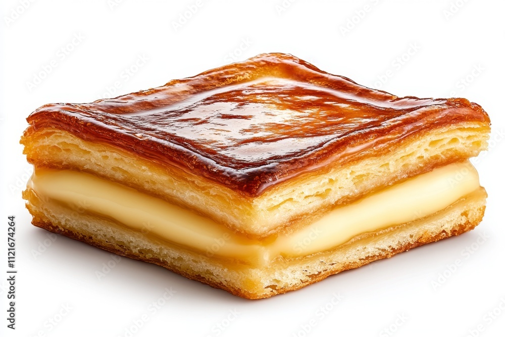 A detailed image of a classic crème brûlée with a perfectly caramelized sugar crust, cracked open to reveal the creamy custard underneath A detailed image of a classic crème brûlée with a perfectly caramelized sugar crust, cracked open to reveal the creamy custard underneath