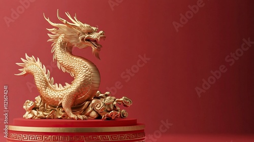 empty red podium display with Gold dragon sculpture, luxury Asia Chinese ornament style.